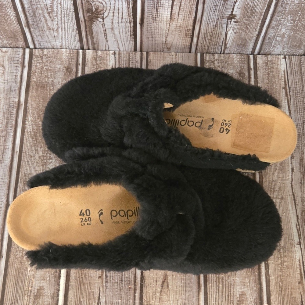 Sz 40 / 9 N Birkenstock Papillio Fanny Teddy Black Shearling Wedge Mules Clogs - Picture 7 of 8